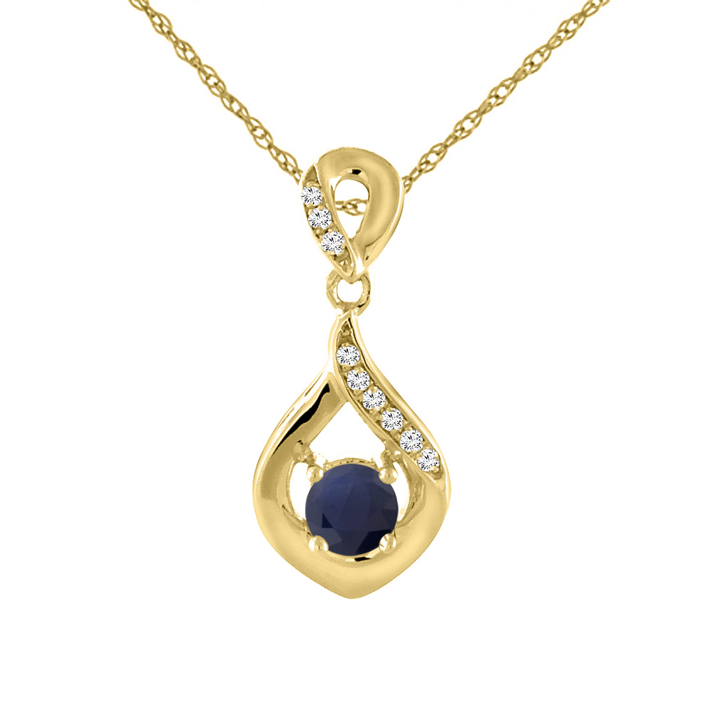 14K YELLOW GOLD DIAMOND NATURAL QUALITY BLUE SAPPHIRE NECKLACE ROUND 4 MM