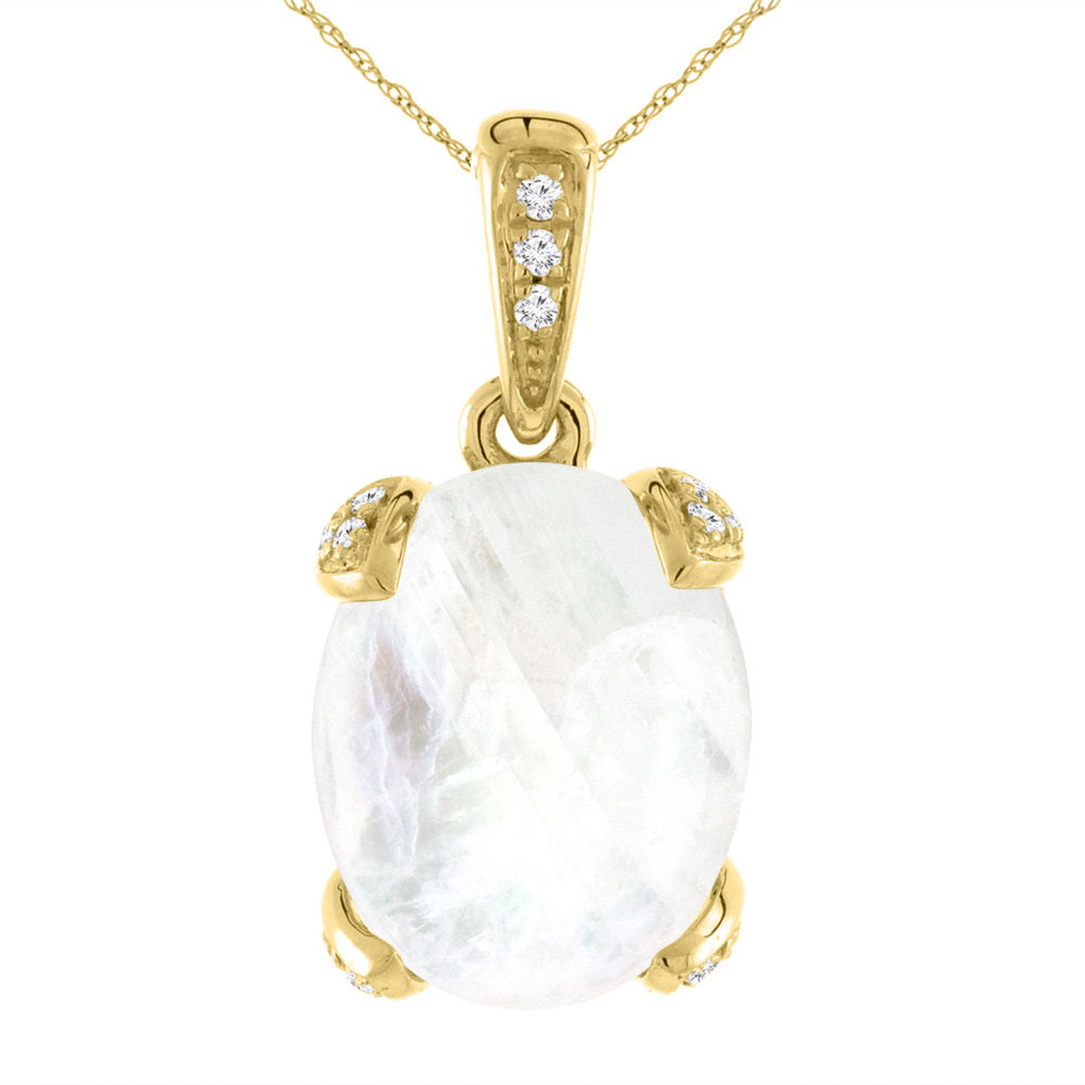 14K YELLOW GOLD NATURAL RAINBOW MOONSTONE NECKLACE OVAL 11X9 MM WITH DIAMOND ACCENTS