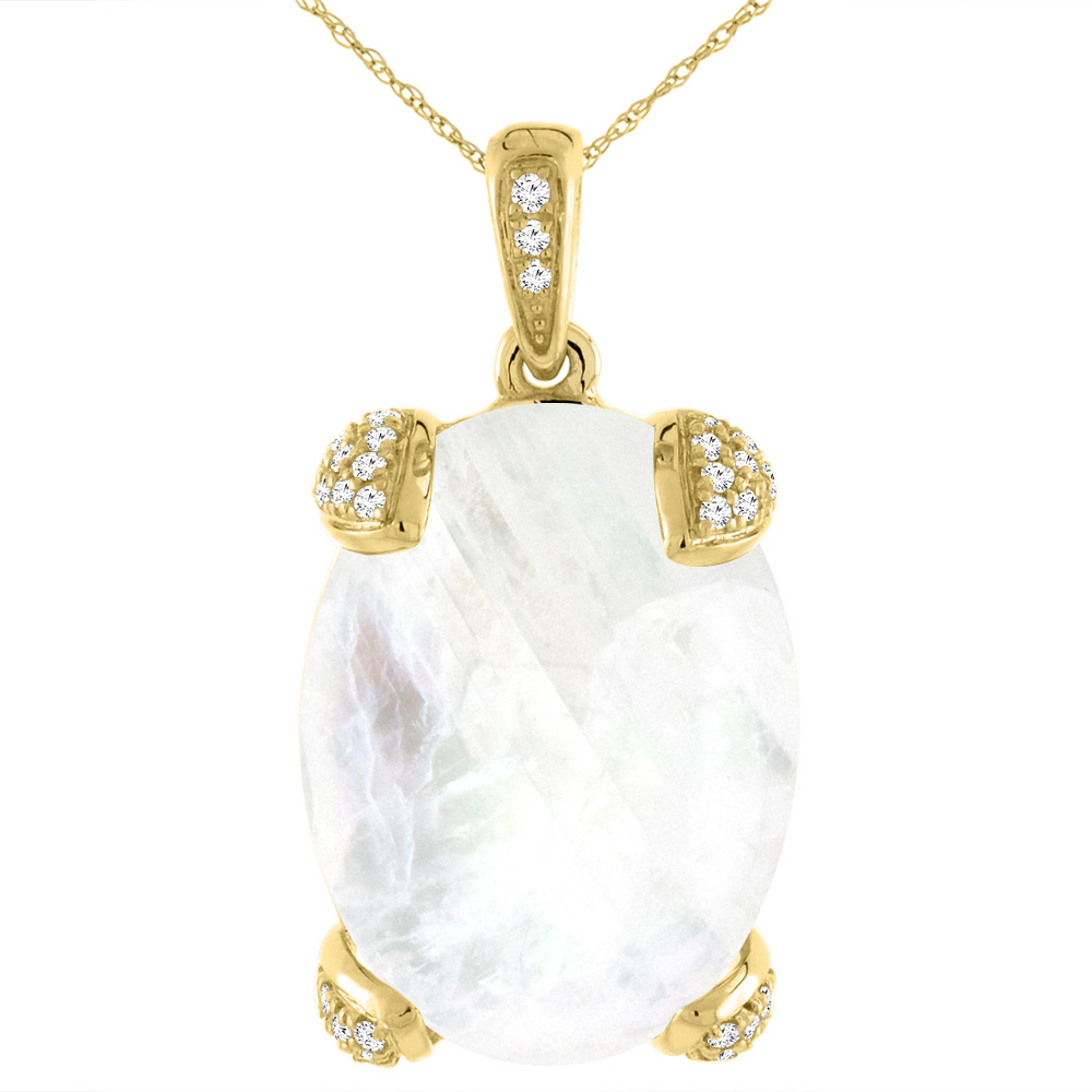 14K YELLOW GOLD NATURAL RAINBOW MOONSTONE NECKLACE OVAL 16X12 MM WITH DIAMOND ACCENTS