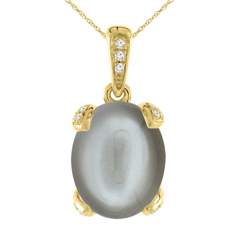 14K YELLOW GOLD NATURAL GRAY MOONSTONE NECKLACE OVAL 10X8 MM WITH DIAMOND ACCENTS