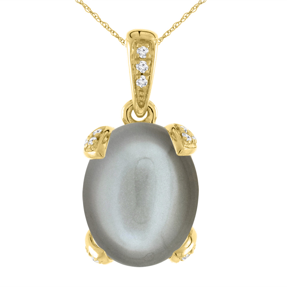 14K Yellow Gold Natural Gray Moonstone Necklace Oval 11x9 mm with Diamond Accents