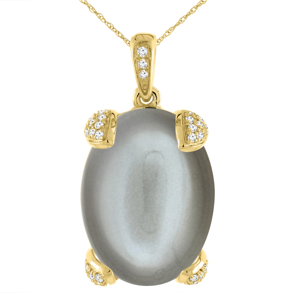 14K Yellow Gold Natural Gray Moonstone Necklace Oval 16x12 mm with Diamond Accents