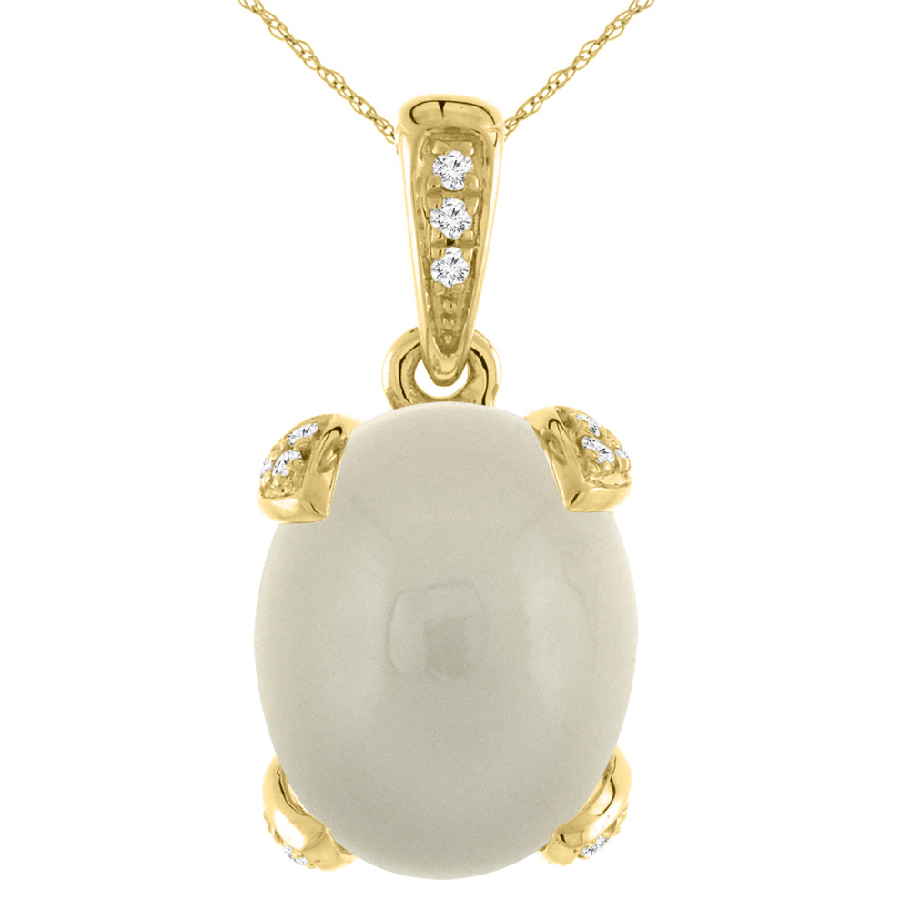 14K YELLOW GOLD NATURAL LIGHT GRAY MOONSTONE NECKLACE OVAL 12X10 MM WITH DIAMOND ACCENTS