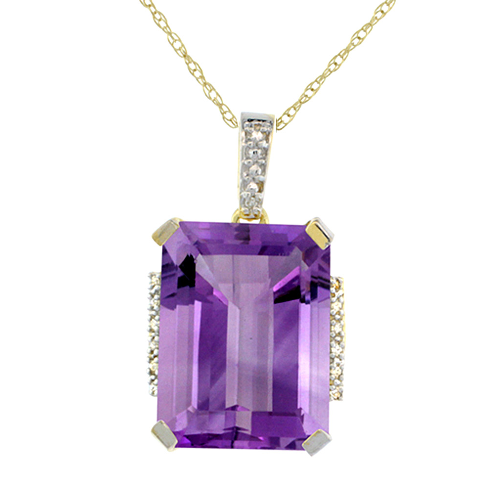 10K YELLOW GOLD NATURAL AMETHYST PENDANT OCTAGON 16X12 MM & DIAMOND ACCENTS
