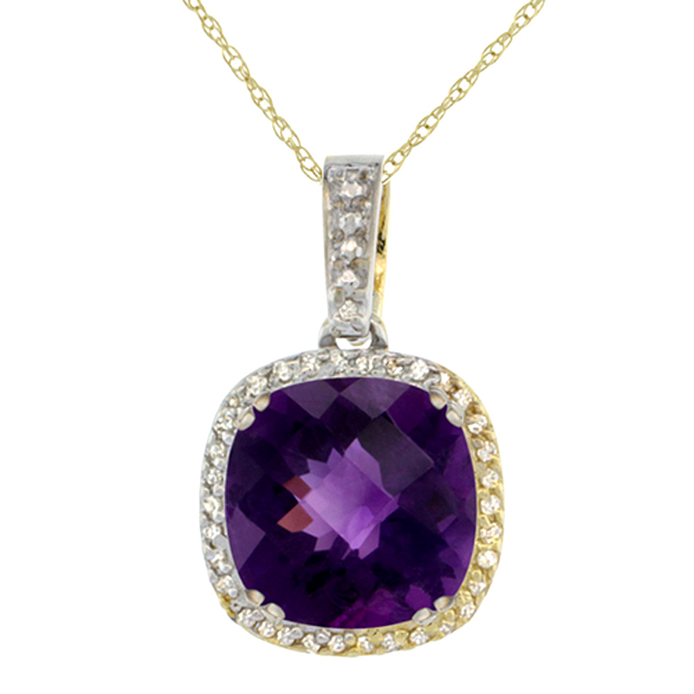 10K YELLOW GOLD DIAMOND HALO NATURAL AMETHYST NECKLACE CUSHION SHAPED 10X10MM, 18 INCH LONG