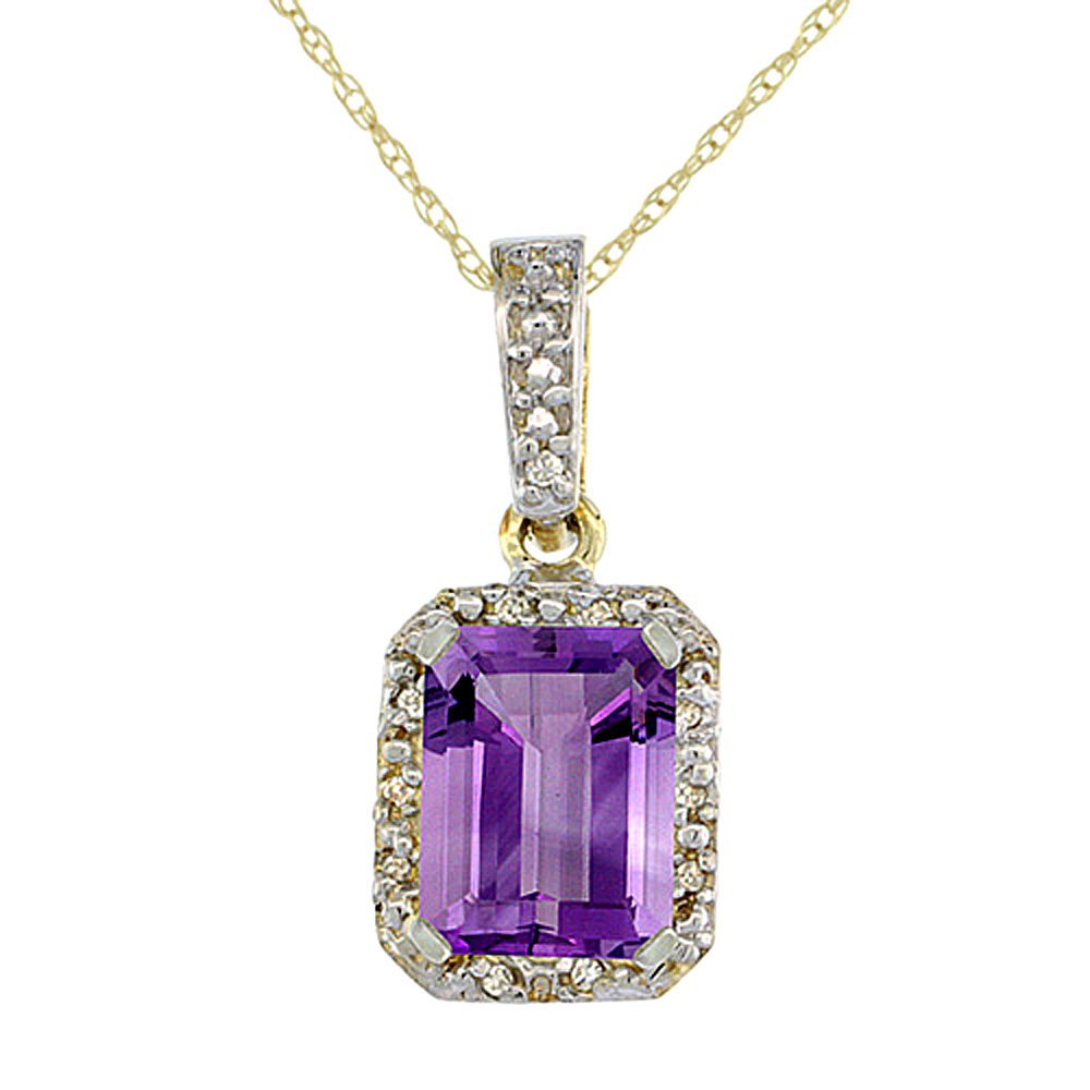 10K YELLOW GOLD NATURAL AMETHYST PENDANT OCTAGON 8X6 MM & DIAMOND ACCENTS