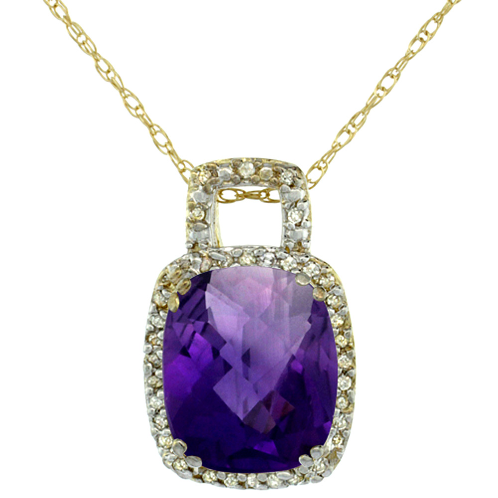 10K YELLOW GOLD NATURAL AMETHYST PENDANT OCTAGON CUSHION 10X8 MM & DIAMOND ACCENTS