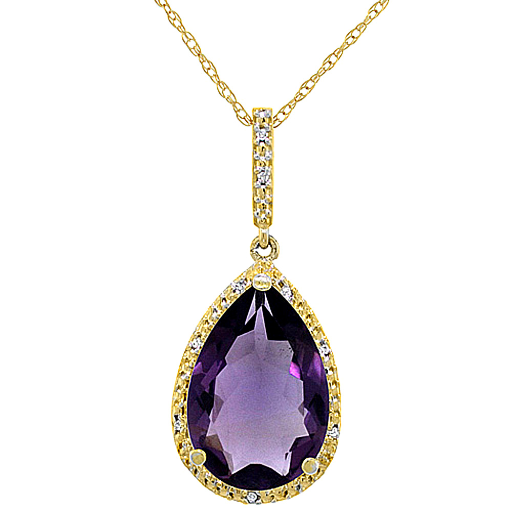 10K YELLOW GOLD DIAMOND HALO NATURAL AMETHYST NECKLACE PEAR SHAPED 15X10 MM, 18 INCH LONG