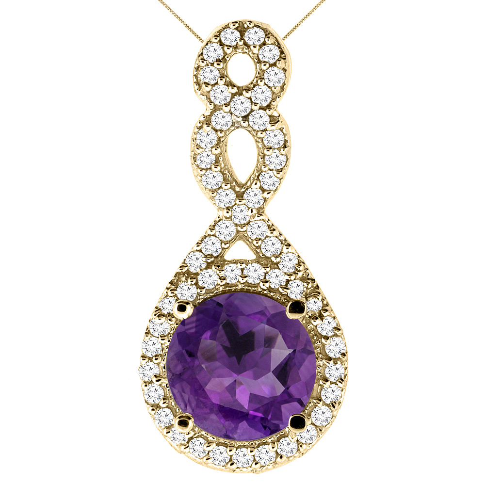 14K YELLOW GOLD NATURAL AMETHYST ETERNITY PENDANT ROUND 7X7MM WITH 18 INCH GOLD CHAIN