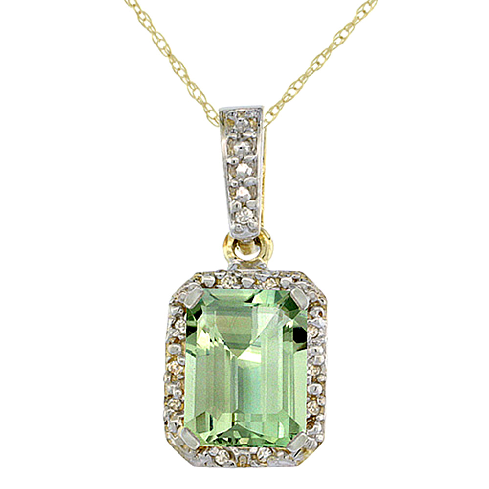 10K YELLOW GOLD NATURAL GREEN AMETHYST PENDANT OCTAGON 8X6 MM & DIAMOND ACCENTS
