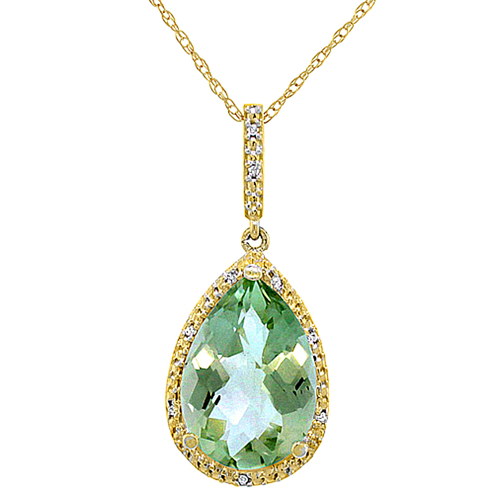 10K Yellow Gold Diamond Halo Natural Green Amethyst Necklace Pear Shaped 15x10 mm, 18 inch long