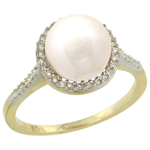 10k Gold Halo Engagement 8.5 mm White Pearl Ring w/ 0.146 Carat Brilliant Cut Diamonds, 7/16 in. (11mm) wide