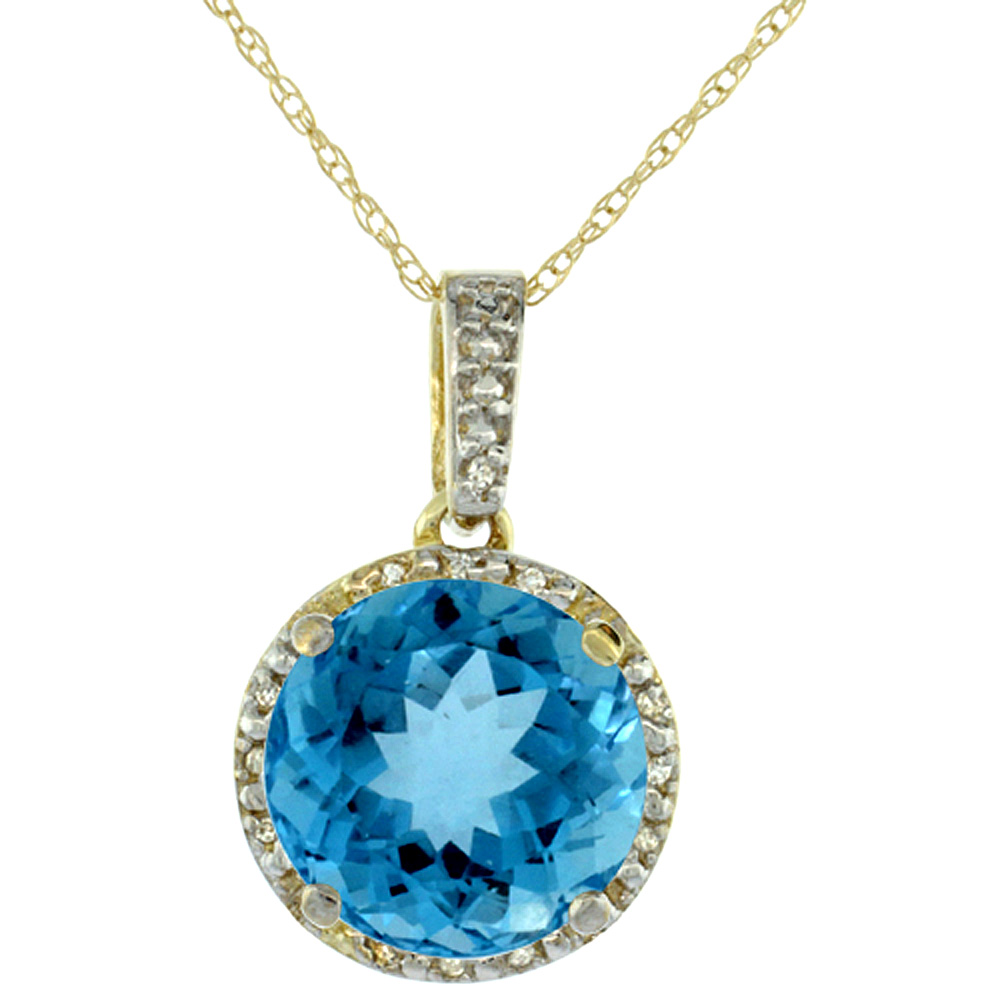10K YELLOW GOLD 0.03 CTTW DIAMOND NATURAL SWISS BLUE TOPAZ PENDANT ROUND 11X11 MM