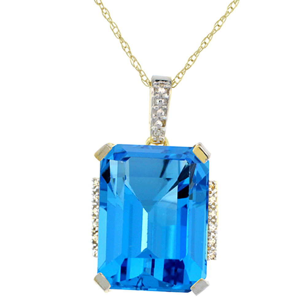 10K YELLOW GOLD NATURAL SWISS BLUE TOPAZ PENDANT OCTAGON 16X12 MM & DIAMOND ACCENTS