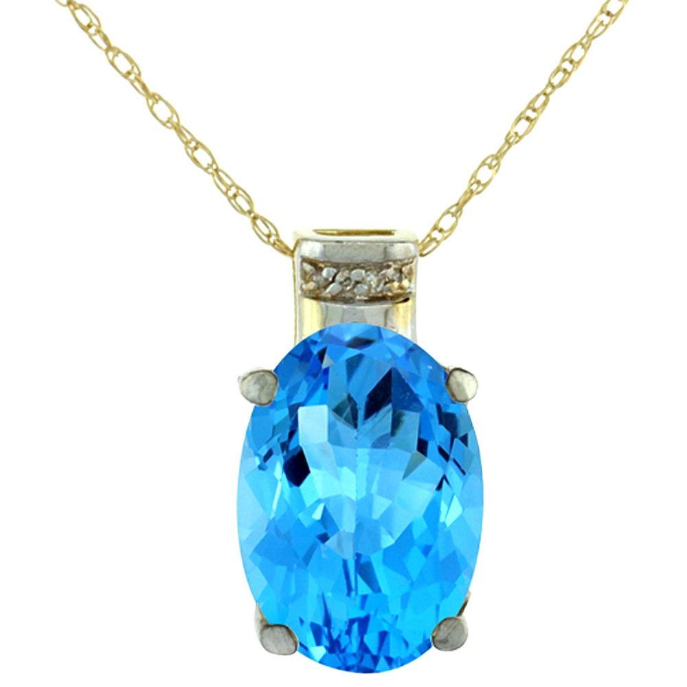 10K YELLOW GOLD DIAMOND NATURAL SWISS BLUE TOPAZ PENDANT OVAL 14X10 MM