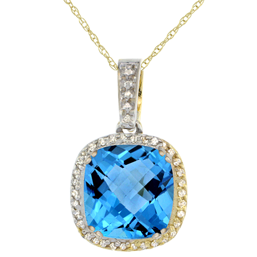 10k Yellow Gold Diamond Halo Natural Swiss Blue Topaz Necklace Cushion Shaped 10x10mm, 18 inch long