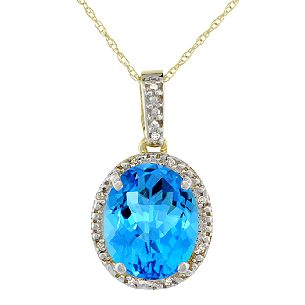10K Yellow Gold Diamond Halo Natural Swiss Blue Topaz Necklace Oval 12x10 mm, 18 inch long