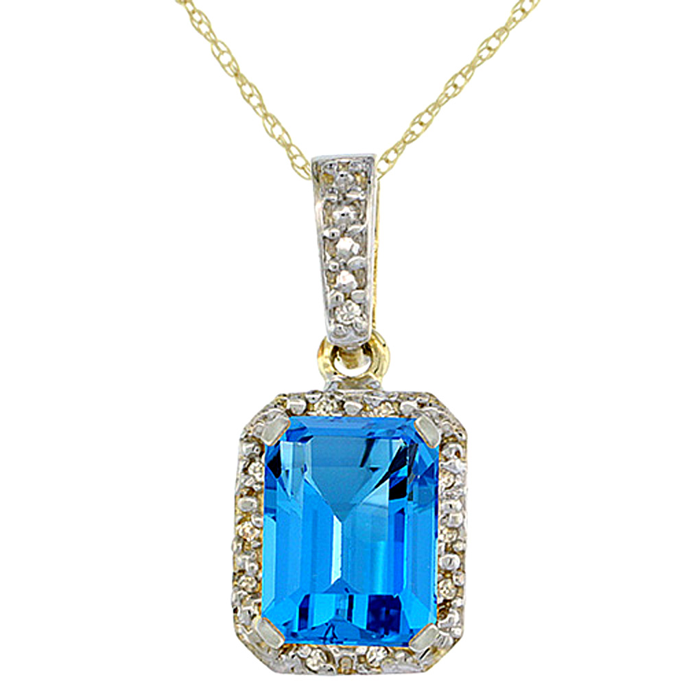 10K YELLOW GOLD NATURAL SWISS BLUE TOPAZ PENDANT OCTAGON 8X6 MM & DIAMOND ACCENTS