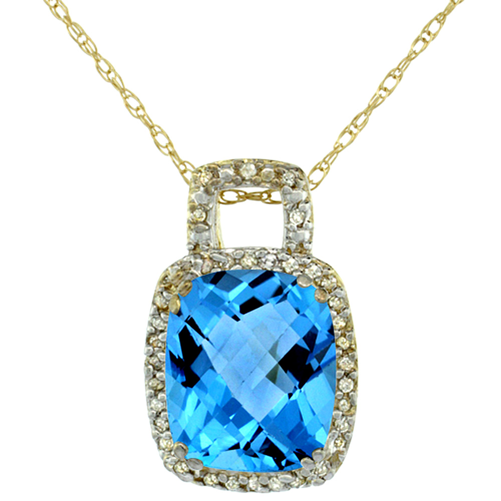 10K YELLOW GOLD NATURAL SWISS BLUE TOPAZ PENDANT OCTAGON CUSHION 10X8 MM & DIAMOND ACCENTS