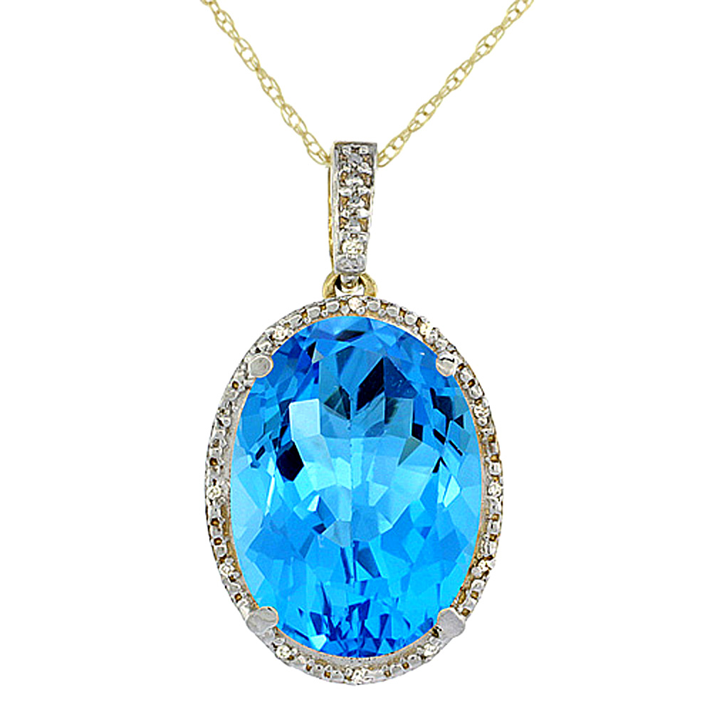 10K YELLOW GOLD DIAMOND NATURAL SWISS BLUE TOPAZ PENDANT OVAL 18X13 MM