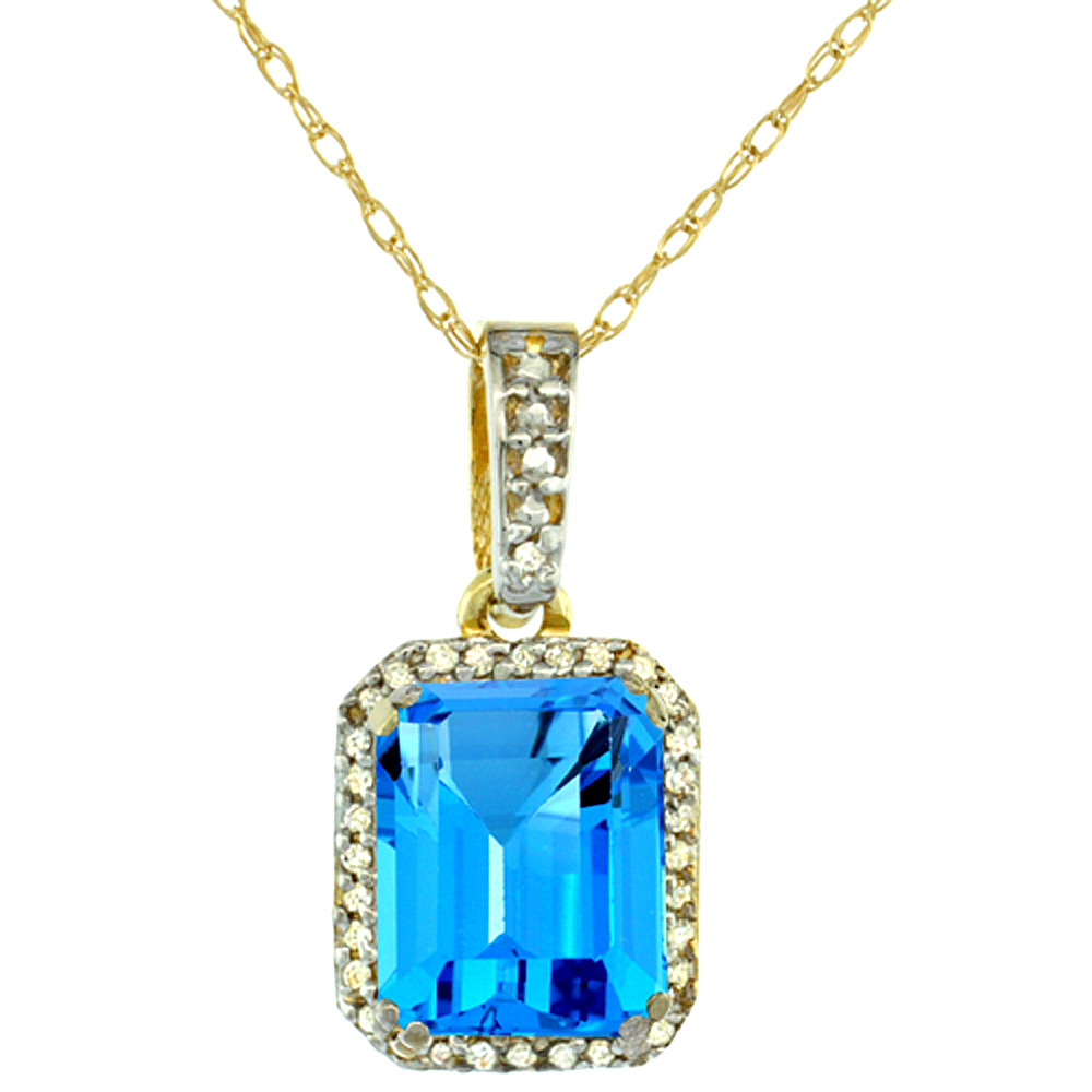 10K YELLOW GOLD DIAMOND NATURAL SWISS BLUE TOPAZ PENDANT OCTAGON 9X7 MM