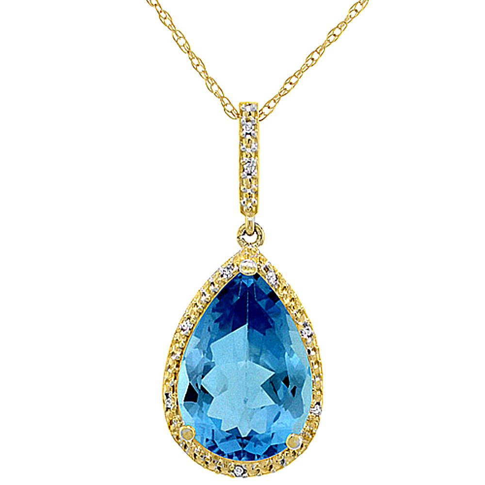 10K Yellow Gold Diamond Halo Natural Swiss Blue Topaz Necklace Pear Shaped 15x10 mm, 18 inch long