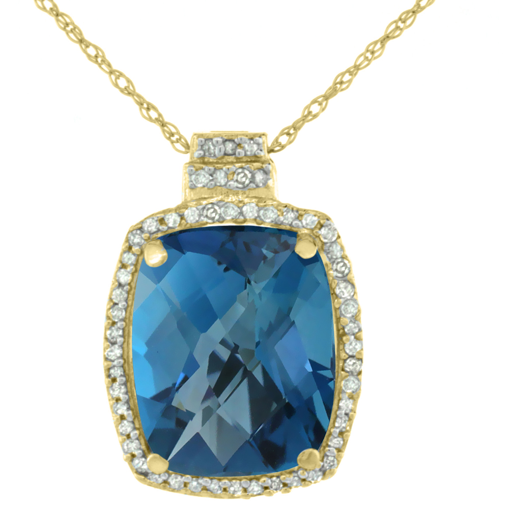 10K YELLOW GOLD 0.20 CTTW DIAMOND NATURAL LONDON BLUE TOPAZ PENDANT OCTAGON CUSHION 11X9 MM