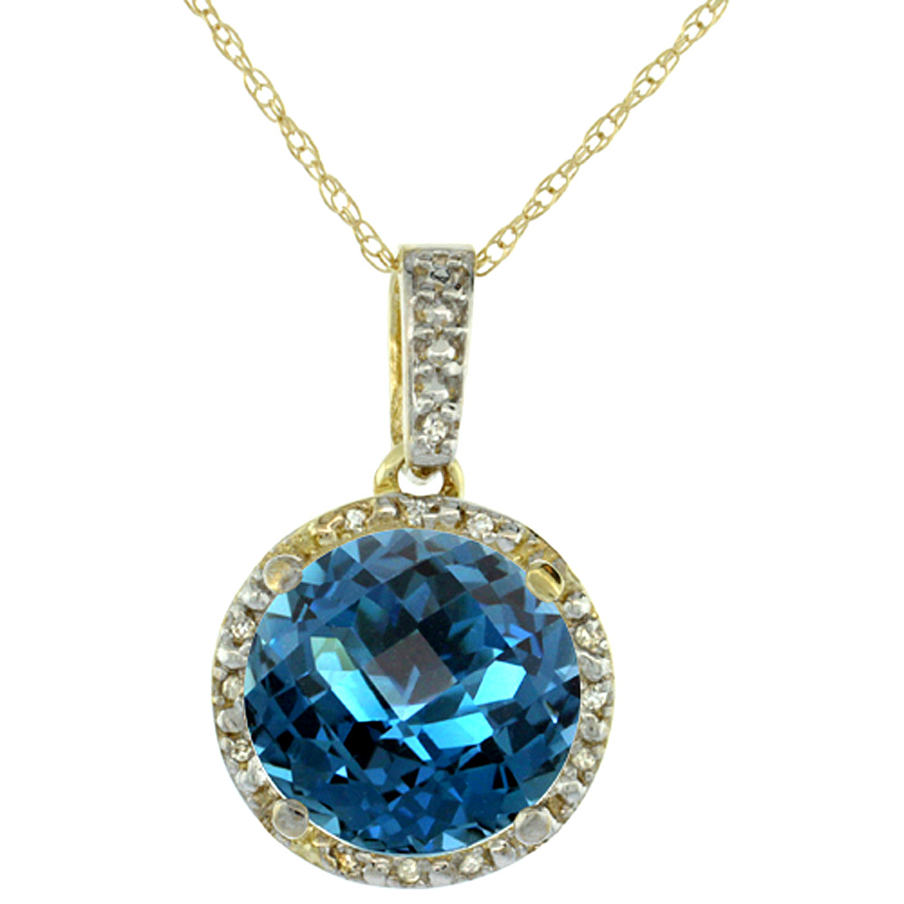 10K YELLOW GOLD 0.03 CTTW DIAMOND NATURAL LONDON BLUE TOPAZ PENDANT ROUND 11X11 MM