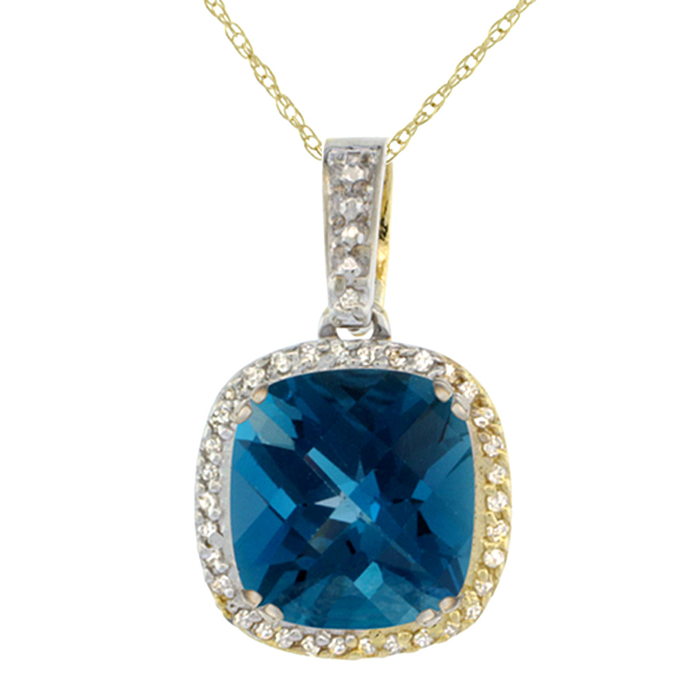 10k Yellow Gold Diamond Halo Natural London Blue Topaz Necklace Cushion Shaped 10x10mm, 18 inch long