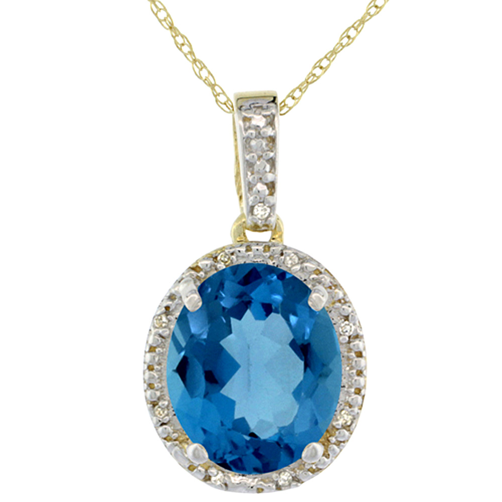 10K Yellow Gold Diamond Halo Natural London Blue Topaz Necklace Oval 12x10 mm, 18 inch long