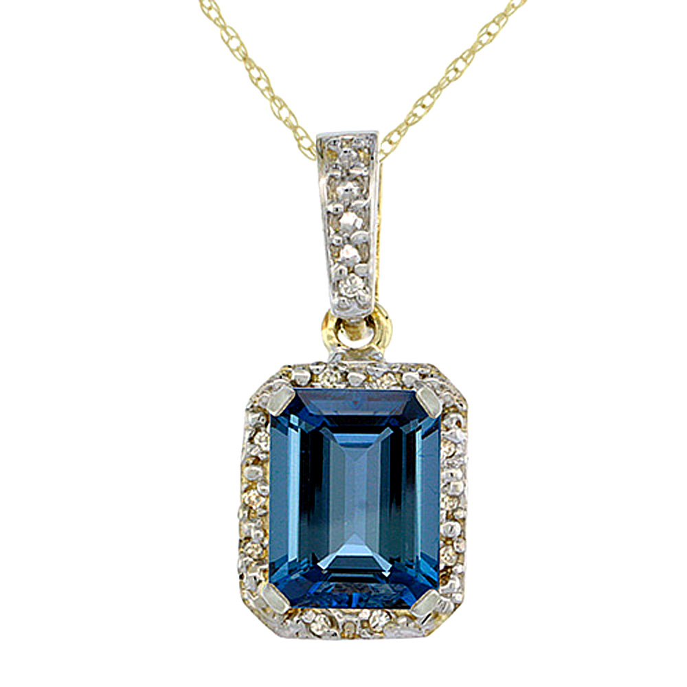 10K YELLOW GOLD NATURAL LONDON BLUE TOPAZ PENDANT OCTAGON 8X6 MM & DIAMOND ACCENTS