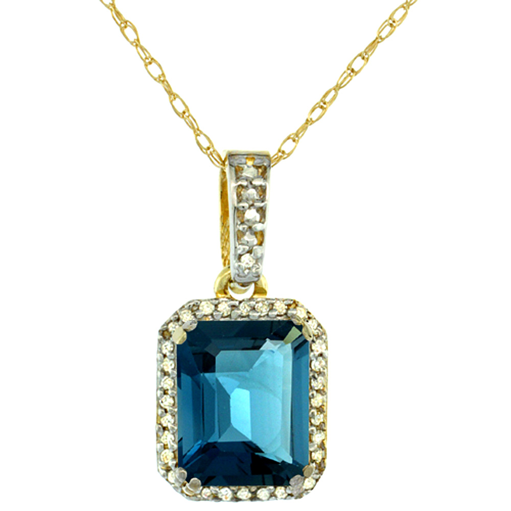 10K YELLOW GOLD DIAMOND NATURAL LONDON BLUE TOPAZ PENDANT OCTAGON 9X7 MM
