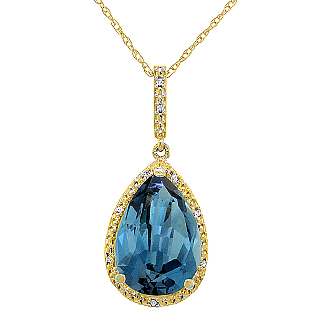 10K Yellow Gold Diamond Halo Natural London Blue Topaz Necklace Pear Shaped 15x10 mm, 18 inch long