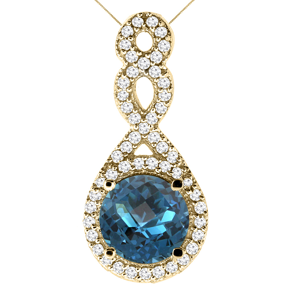 10K Yellow Gold Natural London Blue Topaz Eternity Pendant Round 7x7mm with 18 inch Gold Chain