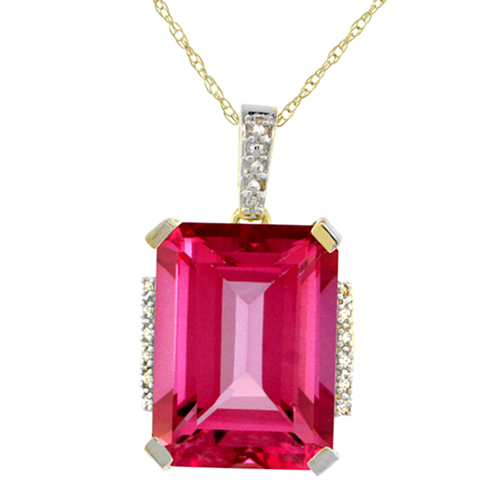 10K YELLOW GOLD NATURAL PINK TOPAZ PENDANT OCTAGON 16X12 MM & DIAMOND ACCENTS