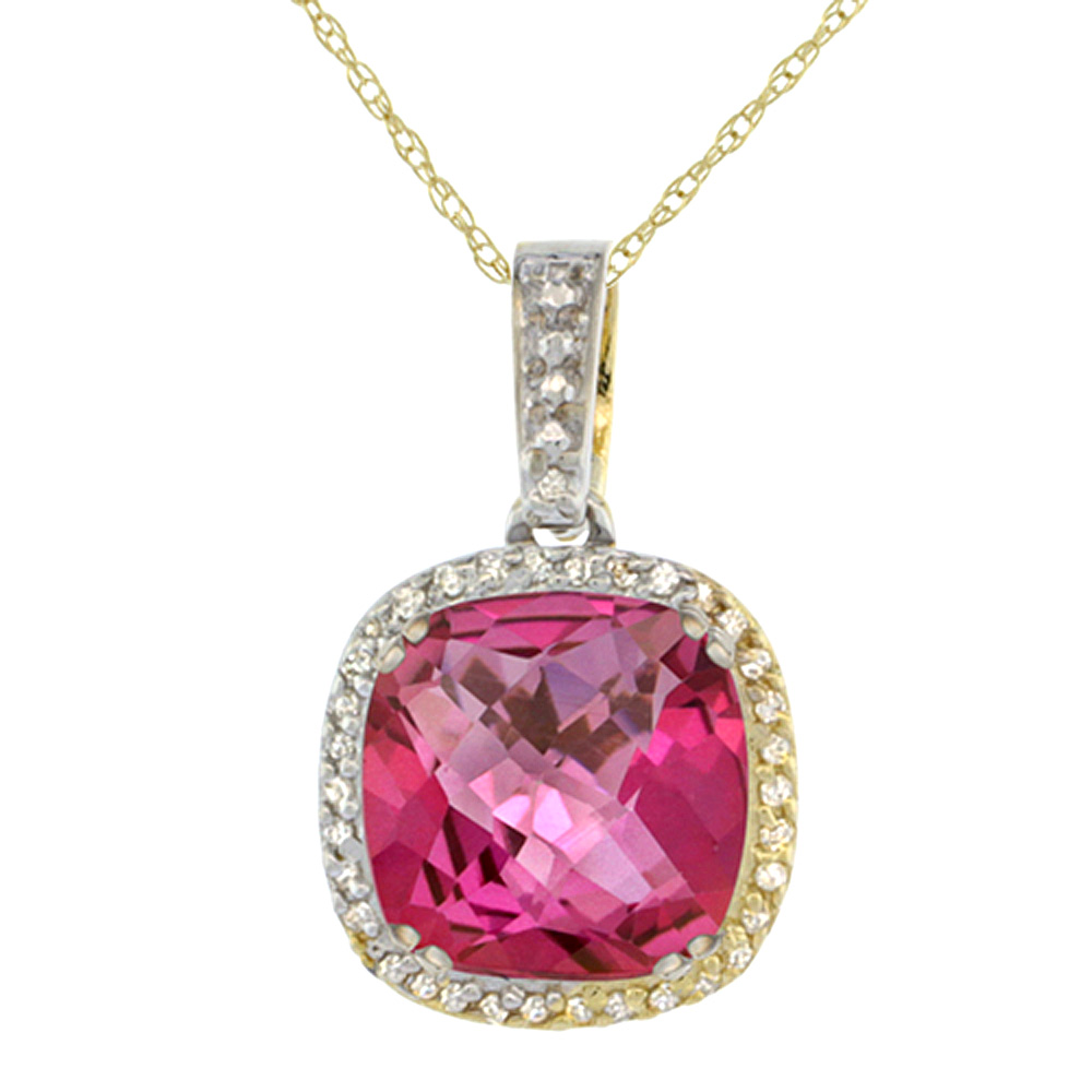 10k Yellow Gold Diamond Halo Natural Pink Topaz Necklace Cushion Shaped 10x10mm, 18 inch long