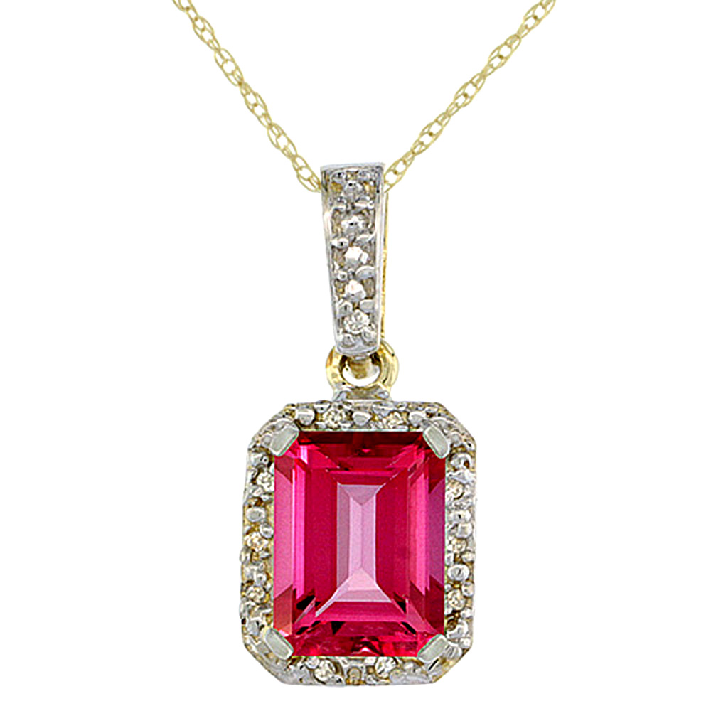 10K Yellow Gold Natural Pink Topaz Pendant Octagon 8x6 mm &amp; Diamond Accents
