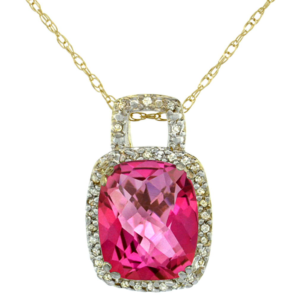 10K YELLOW GOLD NATURAL PINK TOPAZ PENDANT OCTAGON CUSHION 10X8 MM & DIAMOND ACCENTS