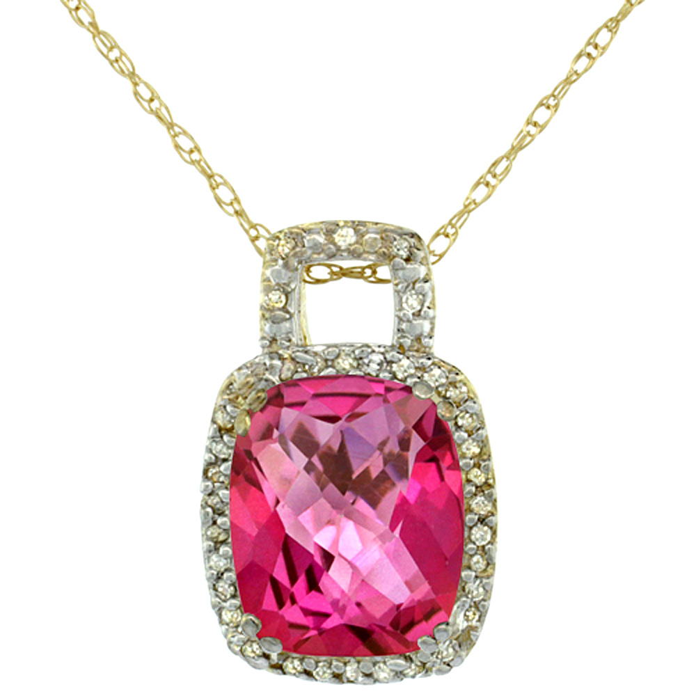 10K Yellow Gold Natural Pink Topaz Pendant Octagon Cushion 10x8 mm & Diamond Accents