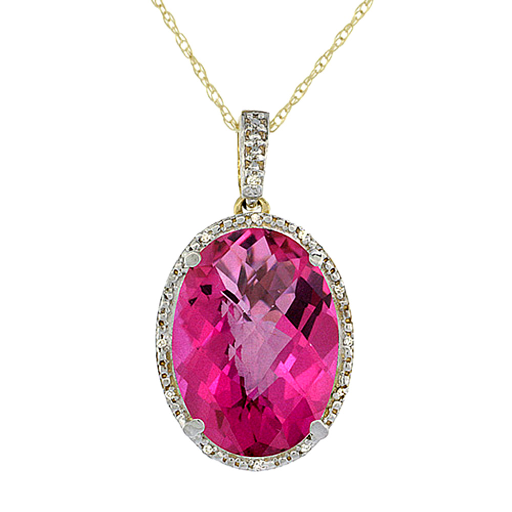 10K YELLOW GOLD DIAMOND NATURAL PINK TOPAZ PENDANT OVAL 18X13 MM