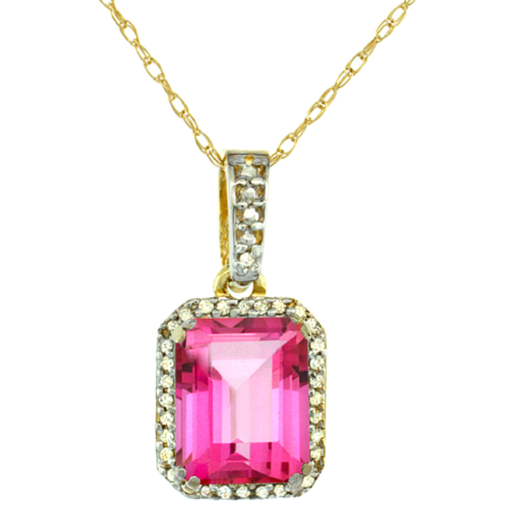 10K YELLOW GOLD DIAMOND NATURAL PINK TOPAZ PENDANT OCTAGON 9X7 MM