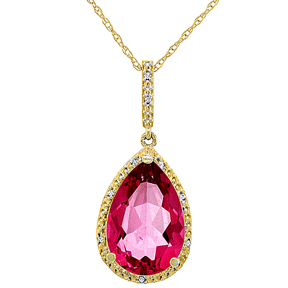 10K YELLOW GOLD DIAMOND HALO NATURAL PINK TOPAZ NECKLACE PEAR SHAPED 15X10 MM, 18 INCH LONG