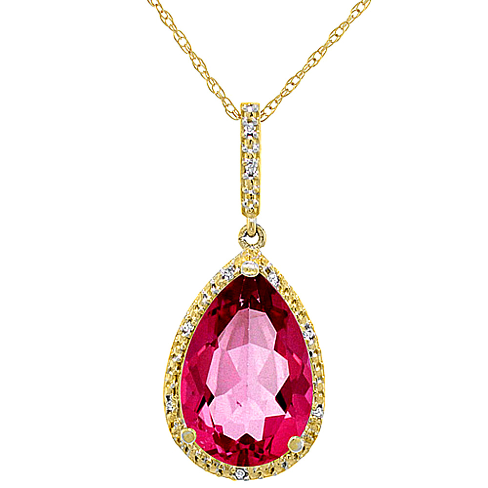 10K Yellow Gold Diamond Halo Natural Pink Topaz Necklace Pear Shaped 15x10 mm, 18 inch long