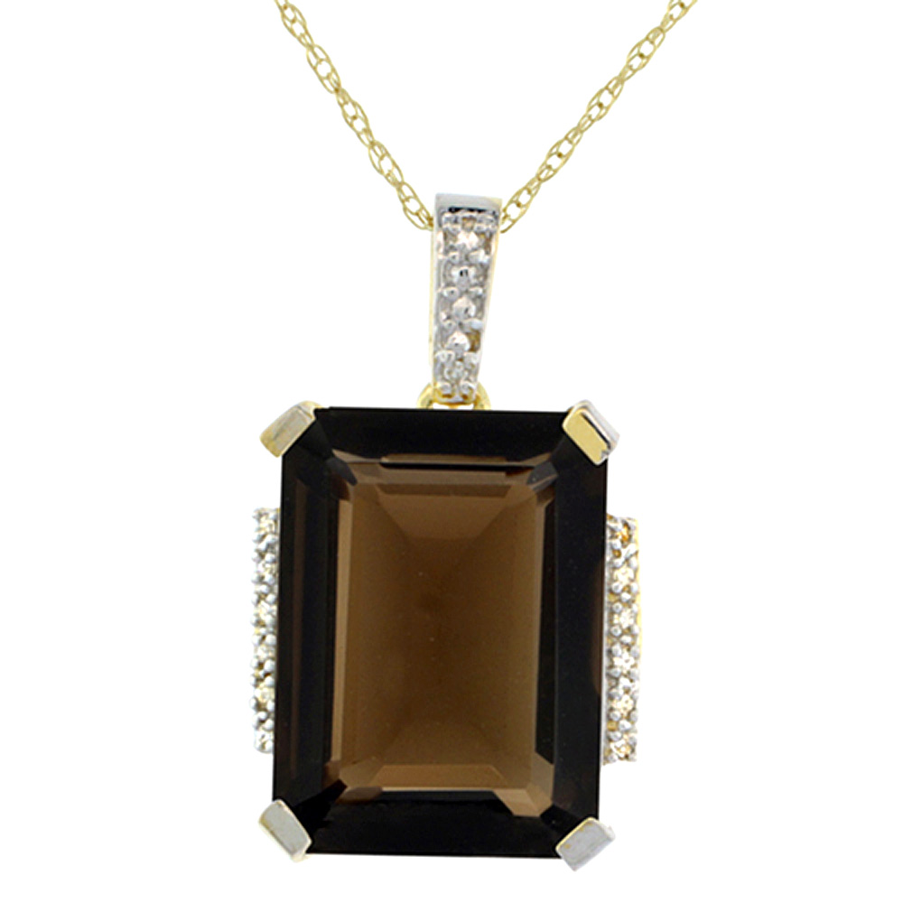 10K YELLOW GOLD NATURAL SMOKY TOPAZ PENDANT OCTAGON 16X12 MM & DIAMOND ACCENTS