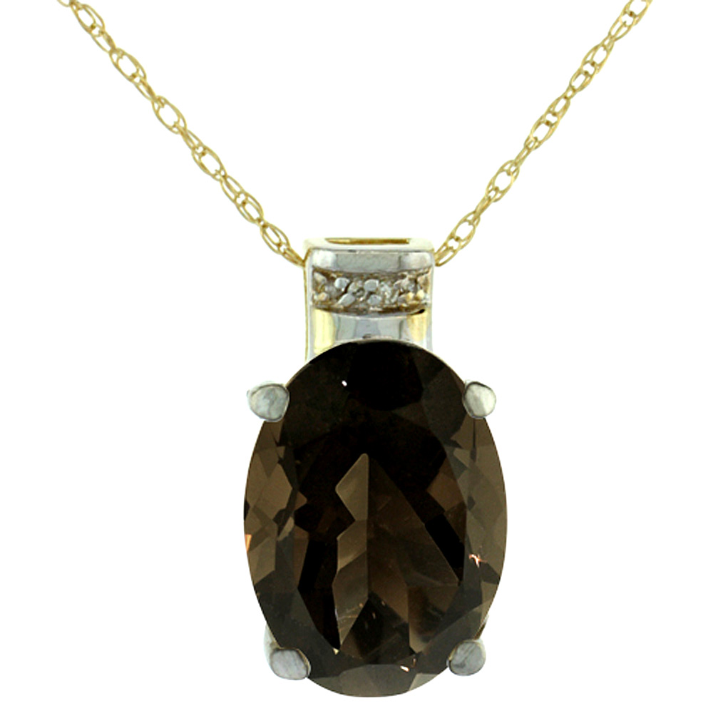 10K YELLOW GOLD DIAMOND NATURAL SMOKY TOPAZ PENDANT OVAL 14X10 MM