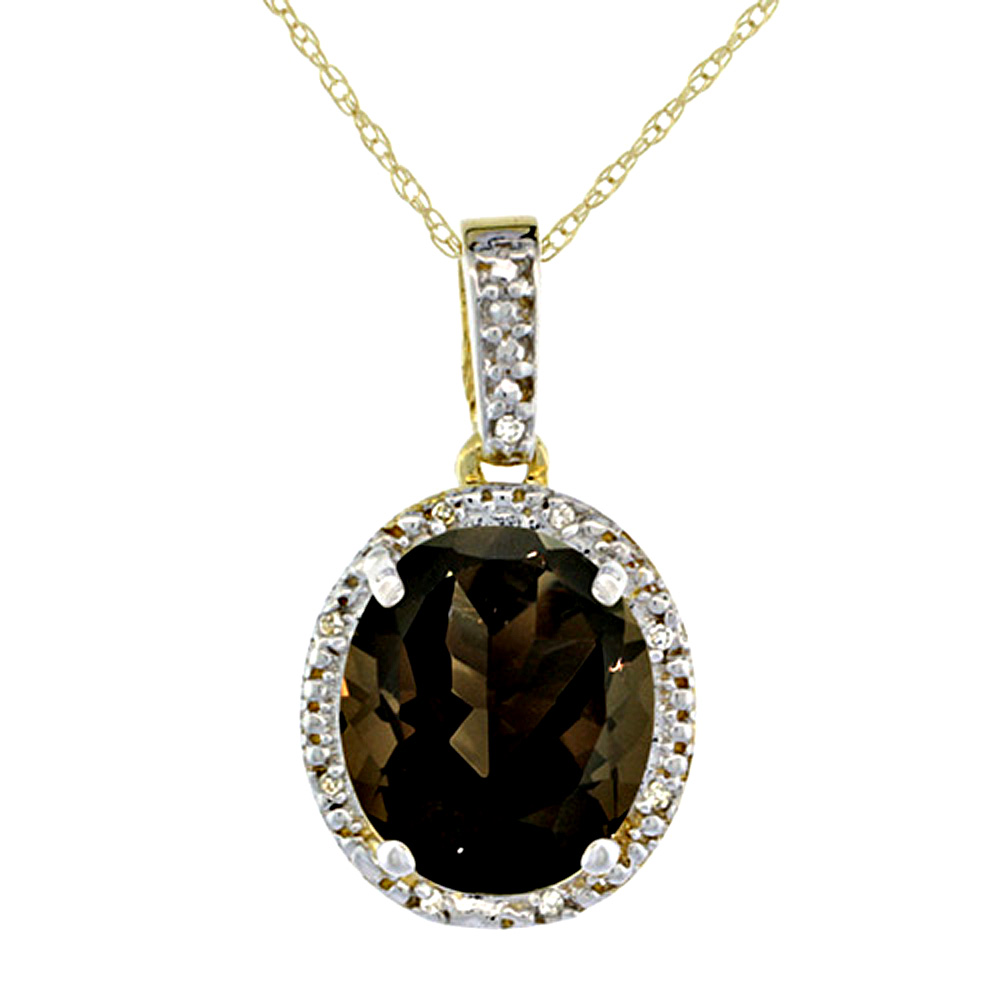 10K Yellow Gold Diamond Halo Natural Smoky Topaz Necklace Oval 12x10 mm, 18 inch long