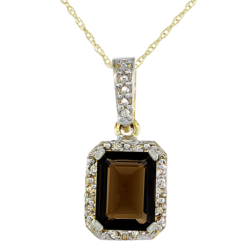 10K YELLOW GOLD NATURAL SMOKY TOPAZ PENDANT OCTAGON 8X6 MM & DIAMOND ACCENTS