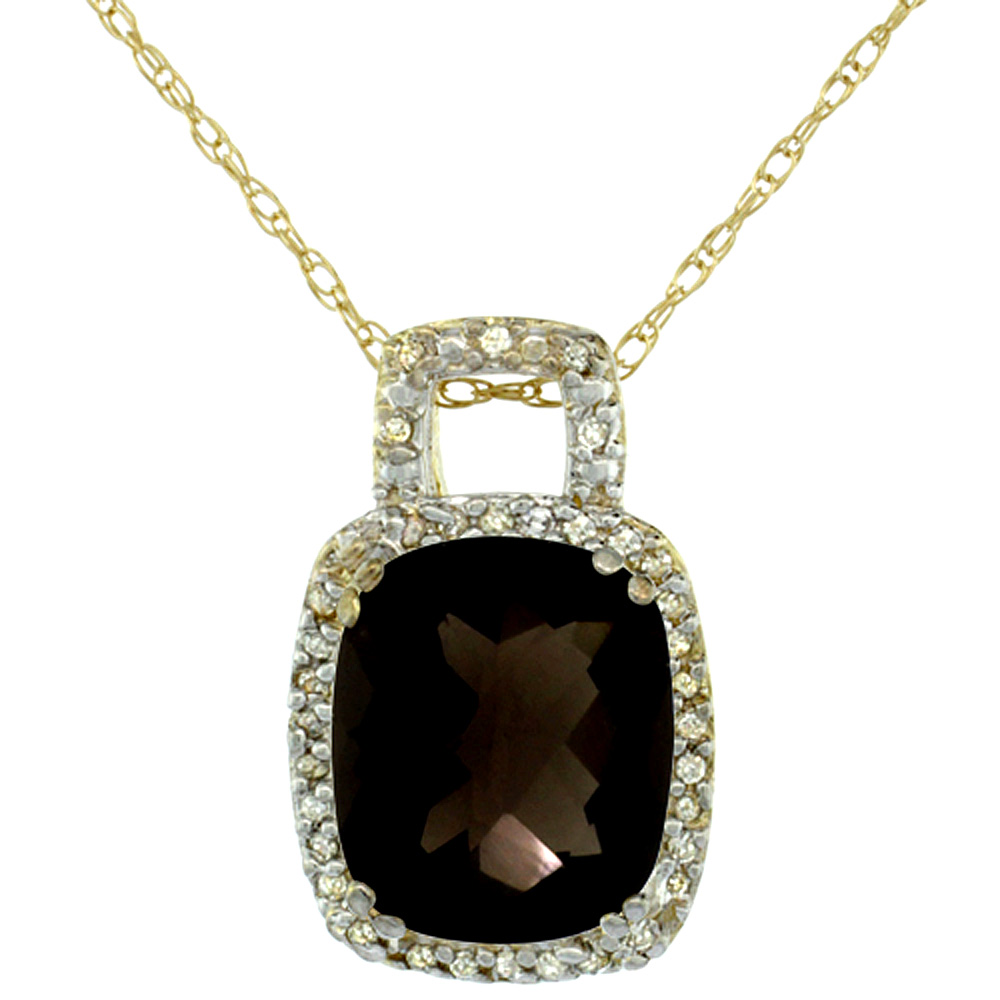 10K YELLOW GOLD NATURAL SMOKY TOPAZ PENDANT OCTAGON CUSHION 10X8 MM & DIAMOND ACCENTS