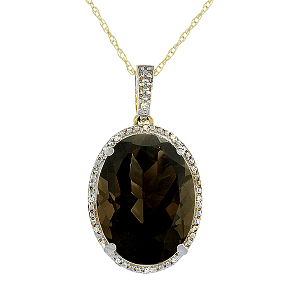 10K YELLOW GOLD DIAMOND NATURAL SMOKY TOPAZ PENDANT OVAL 18X13 MM