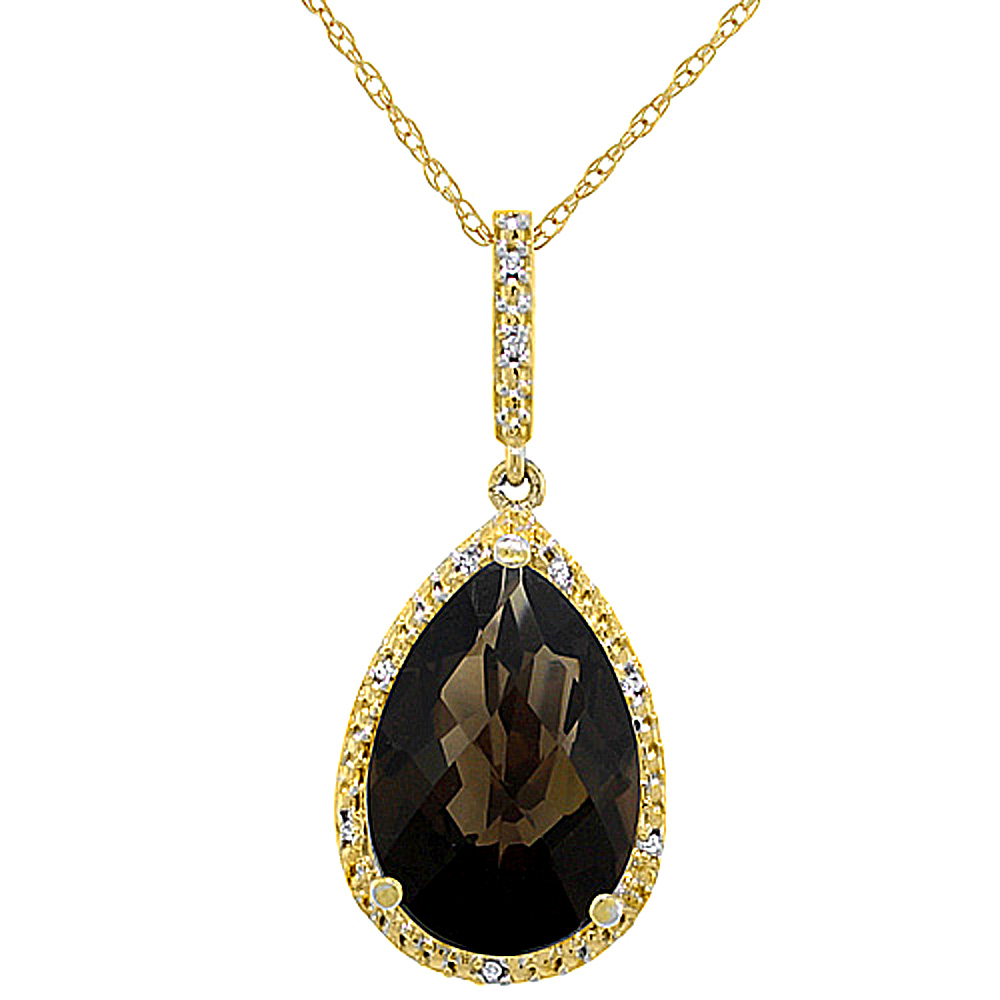 10K Yellow Gold Diamond Halo Natural Smoky Topaz Necklace Pear Shaped 15x10 mm, 18 inch long